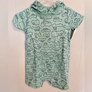 Romper shorts with hood. Cars and truck print.